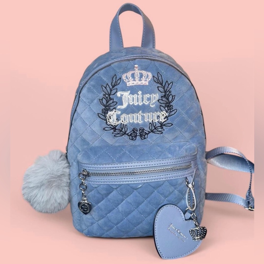 Juicy Couture Y2K Cornflower Blue Quilted Velour Backpack w/ Charms